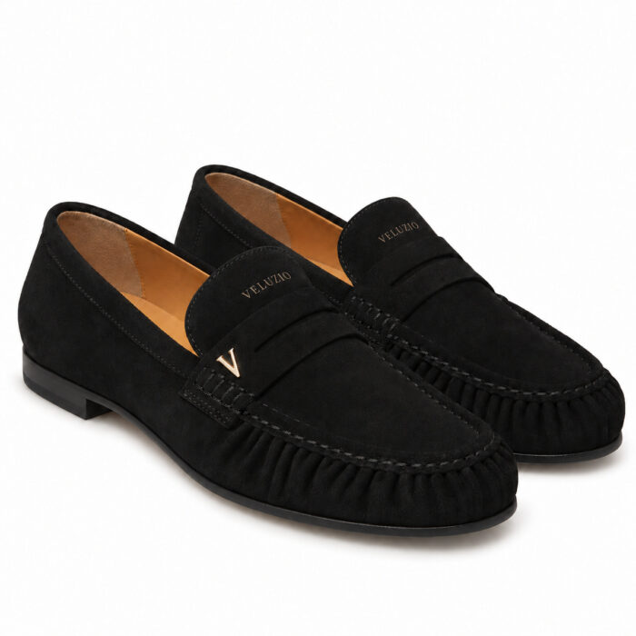 Mocassino Veluzio arricciato in camoscio nero – paio
