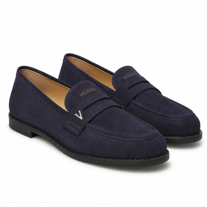 Mocassino Veluzio in camoscio blu con suola in gomma – paio