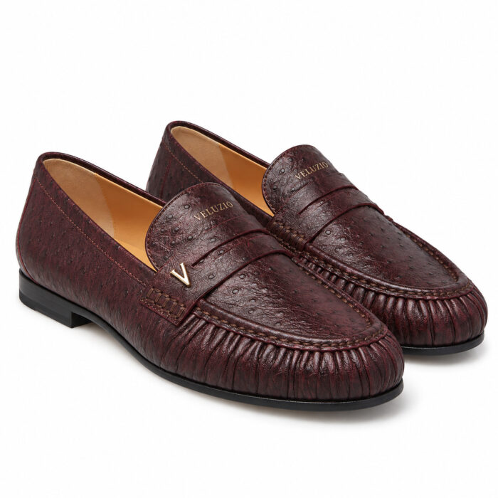Mocassino Veluzio arricciato in pelle stampa struzzo bordeaux – paio