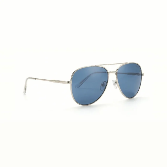 Occhiali da sole Veluzio Aviator in acciaio argento con lenti blu – vista di tre quarti