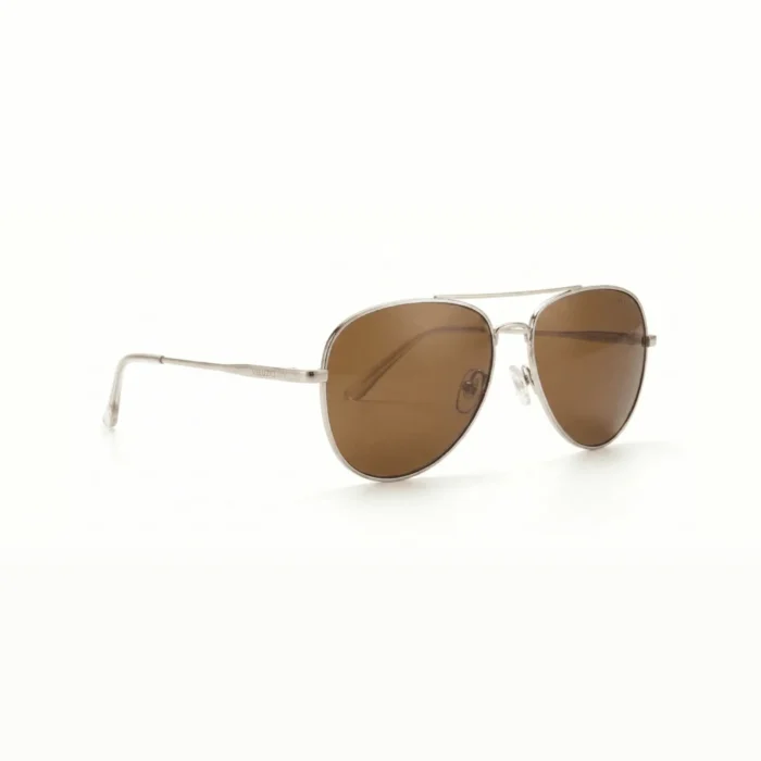 Occhiali da sole Veluzio Aviator in acciaio argento con lenti marroni – vista di tre quarti